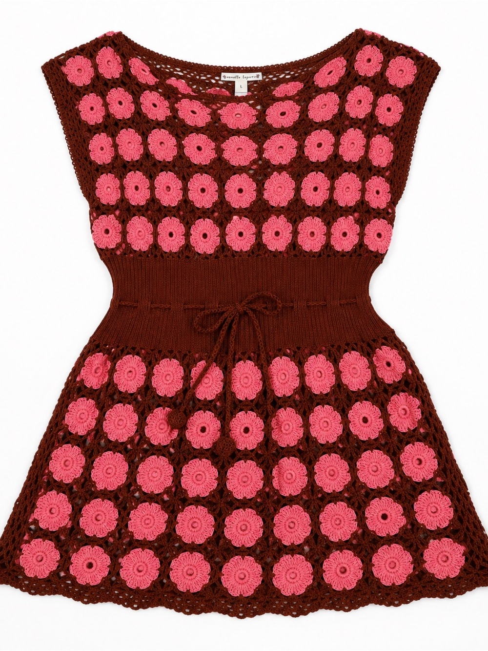 Nanette Lepore Brown Crochet Top with Pink Floral Motifs